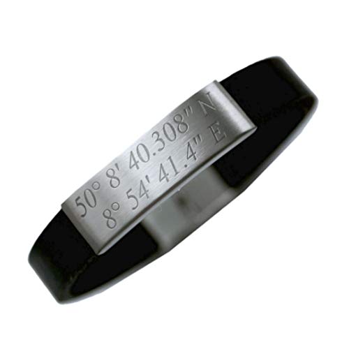 Tinasfunshop Echt Leder Armband 12 mm Koordinaten mit Edelstahl Gravurplatte und Edelstahl Verschluss einschließlich Ihrer Wunschgravur Gravurfarbe Silber (27) von Handarbeit Tinasfunshop