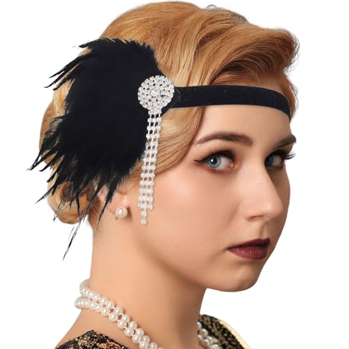 Handcess 1920er Jahre Feder Flapper Stirnband Schwarz Kristalle Feder Stirnband Damen Vintage Flapper Kopfbedeckung 20er Jahre Thema Cocktail Haarschmuck für Kostüm Abschlussball Karneval von Handcess