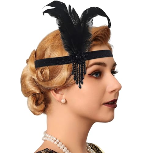 Handcess 1920er Jahre Flapper Feder Stirnband Schwarz Feder Perlen Stirnband Damen Vintage Flapper Kopfbedeckung 20er Jahre Thema Cocktail Haarschmuck für Kostüm Abschlussball Karneval von Handcess