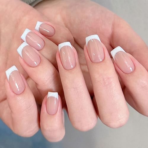 Handcess French Press on Nail Nude kurze künstliche Nägel Ballerina Künstliche Fingernägel Französische Nägel Zum Aufkleben für Frauen und Mädchen 24 Stück von Handcess
