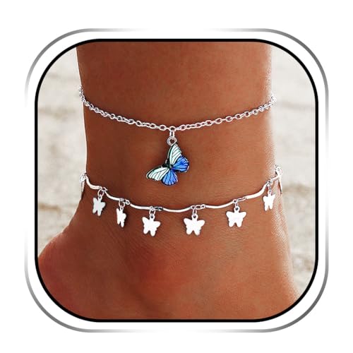 Handcess Blaues Schmetterlings Fußkettchen Silber Strand Mehrlagig Fussketten Boho Strand Fußschmuck für Damen von Handcess
