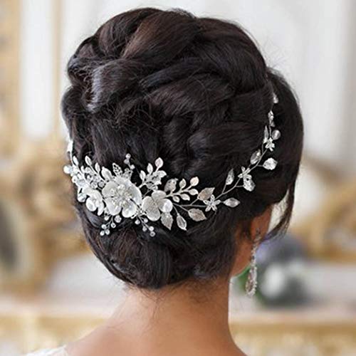 Handcess Blumen-Braut-Haarschmuck für Hochzeit, Silber, Strass, Blätter, Kopfschmuck, Kristall, Brautschmuck, Haarschmuck für Frauen und Mädchen von Handcess