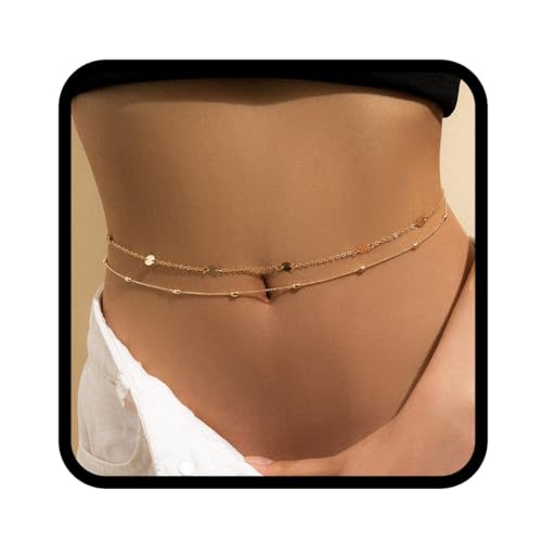 Handcess Boho-Bauchkette, Gold-Pailletten, Bikini, Bauch, Taille, Perlen, Körperkette, Schmuck für Damen und Mädchen, Free Size, Pailletten, Pailletten von Handcess