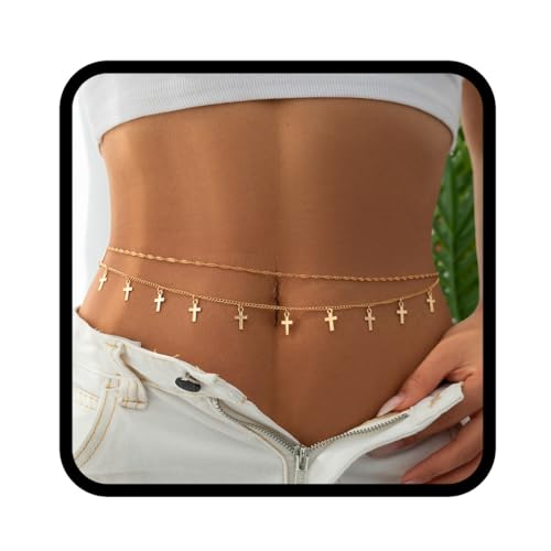 Handcess Boho-Bauchkette, mehrlagig, Gold-Kreuz-Bauchkette, Taillenkette, Bikinikette, Schmuck für Damen und Mädchen, Free Size, Kette, Kette von Handcess