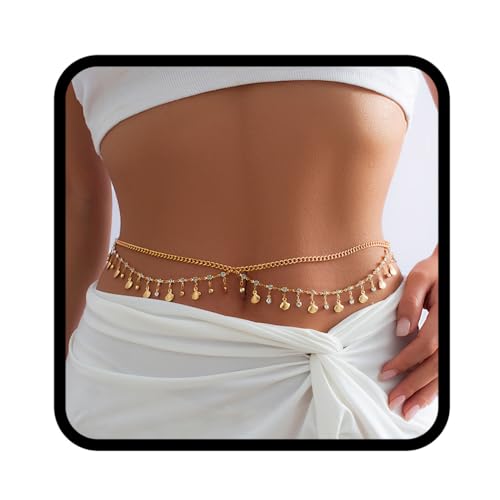 Handcess Boho-Bauchkette, mehrlagig, Goldmuschel, Bikini, Bauchkette, Kristall-Körperkette, Schmuck für Damen und Mädchen, Free Size, Shell, Muschel von Handcess