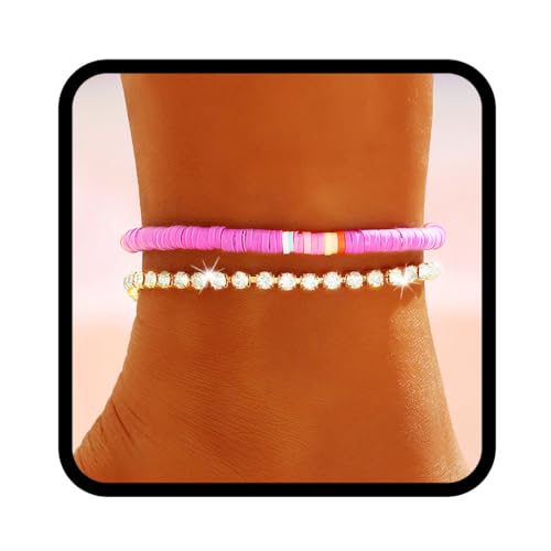 Handcess Boho Doppel-Fußkettchen, Gold-Kristall-Fußkettchen, lila Perlen-Fußschmuck für Frauen und Mädchen von Handcess