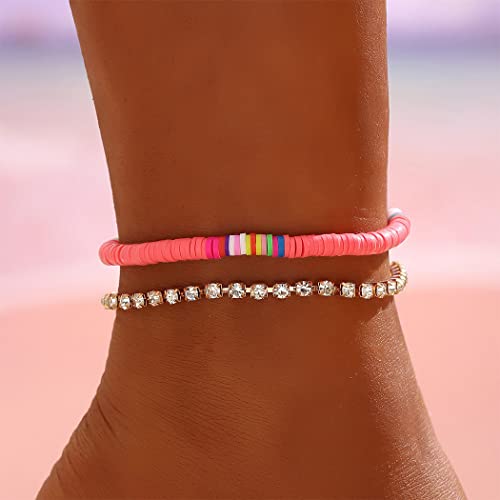 Handcess Boho Doppel-Fußkettchen, Gold-Kristall-Fußkettchen, rosa Perlen, Fußschmuck für Frauen und Mädchen von Handcess