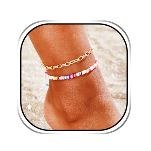 Handcess Boho Fußkettchen Gold Mehrreihige Fussketten Bunt Fußkette für Damen von Handcess