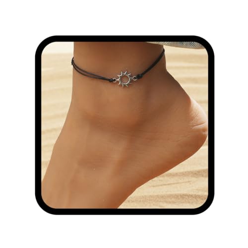 Handcess Boho-Fußkettchen, Silber, Sonne, Fußkettchen, geflochtener Strandfußschmuck für Damen und Mädchen von Handcess