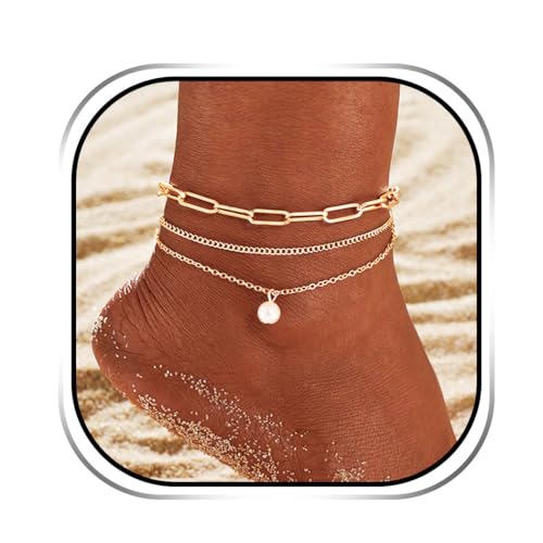Handcess Boho Fußkettchen Gold Perlen Fussketten Geschichtet Fußschmuck für Frauen und Mädchen von Handcess