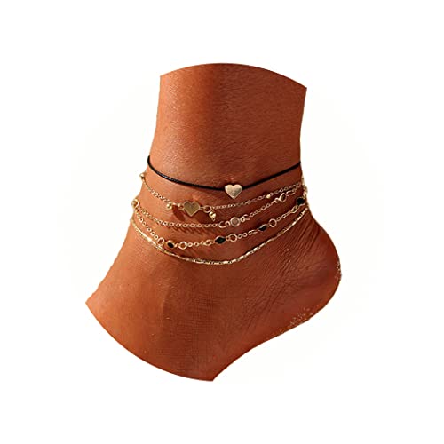 Handcess Boho-Fußkettchen, mehrlagig, Gold, Herz, Fußkettchen, mehrschichtige Perlen, Fußkette, Schmuck für Frauen und Mädchen (5 Stück) von Handcess