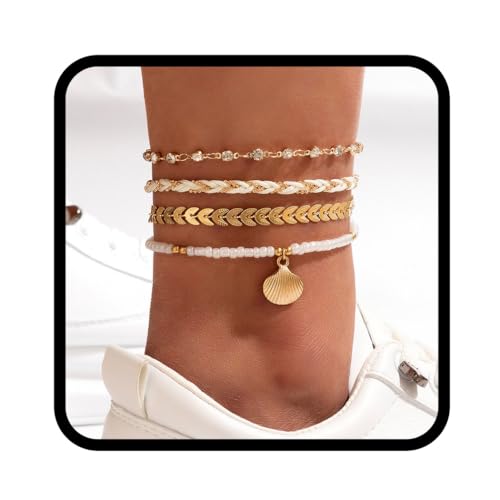 Handcess Boho-Fußkettchen, mehrlagig, goldfarben, Muschel, Kristall-Fußkettchen, Cahin-Fußschmuck für Damen und Mädchen, Free Size von Handcess