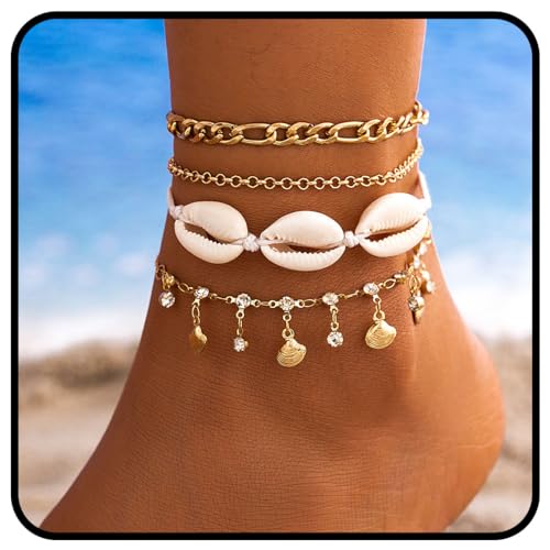 Handcess Boho-Fußkettchen, mehrlagig, goldfarben, Muschel, Kristall-Fußkettchen, Cahin-Muschel-Fußschmuck für Damen und Mädchen, Free Size von Handcess