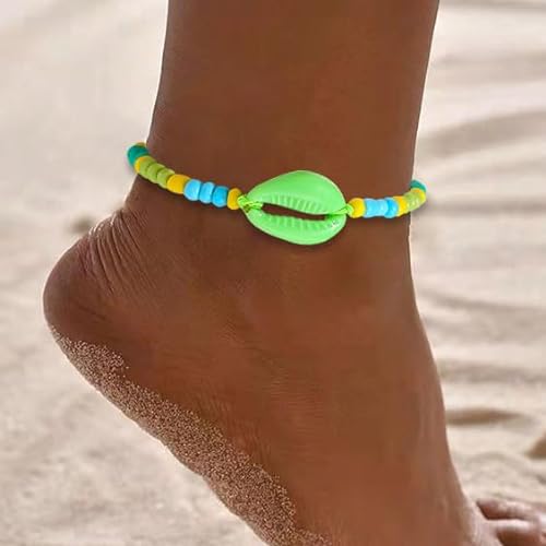 Handcess Boho Fußkettchen Bunte Perlen Fussketten verstellbare Muschel Fußkette Perlen Fußschmuck für Frauen und Mädchen (Grün) von Handcess