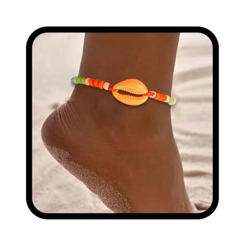 Handcess Boho Fußkettchen Bunte Perlen Fussketten verstellbare Muschel Fußkette Perlen Fußschmuck für Frauen und Mädchen (Orange) von Handcess