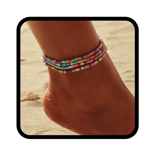 Handcess Boho Fußkettchen Damen Perlen Fussketten Bunte Elastisch Fußkettchen Perlen Fußschmuck für Frauen und Mädchen (Bunt) von Handcess