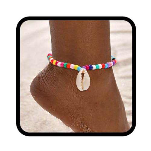 Handcess Boho Fußkettchen Damen Perlen Fussketten Muschel Fußkettchen Geflochtener Fußschmuck für Frauen und Mädchen (Bunt) von Handcess