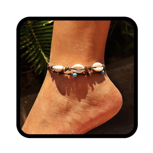 Handcess Boho Fußkettchen Damen Schwarz Türkis Fußkettchen Muschel Fussketten Geflochtener Fußschmuck für Damen und Mädchen von Handcess