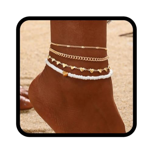 Handcess Boho Fußkettchen Gold Herz Fussketten Perlen Fussketten Fußschmuck für Frauen und Mädchen von Handcess