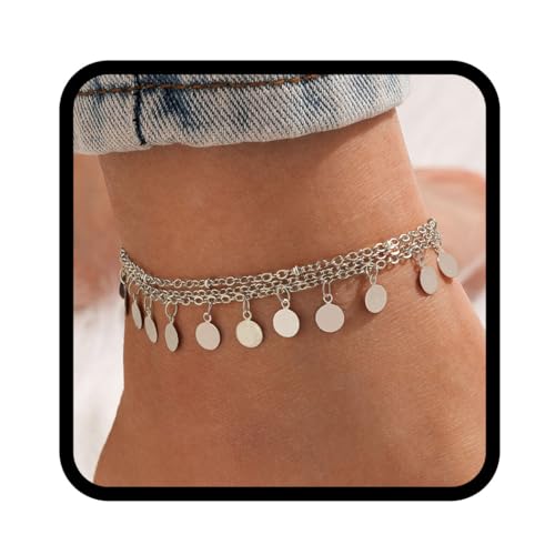 Handcess Boho Fußkettchen Silber Pailletten Fußkettchen Geschichtet Quaste Fußschmuck für Frauen und Mädchen von Handcess