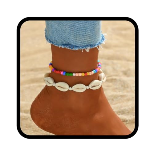 Handcess Boho-Fußkettchen mit bunten Perlen, Fußkettchen, Muschel, Fußschmuck für Damen und Mädchen, Free Size von Handcess