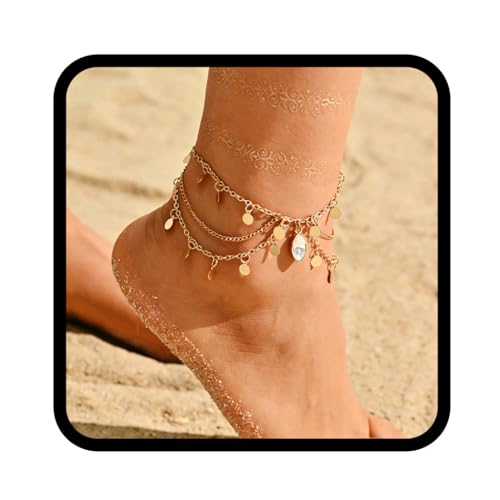 Handcess Boho-Fußkettchen mit goldfarbenen Kristallen, Fußkettchen, Pailletten, Fußkettchen, Strand-Fußkette für Damen und Mädchen, Free Size von Handcess