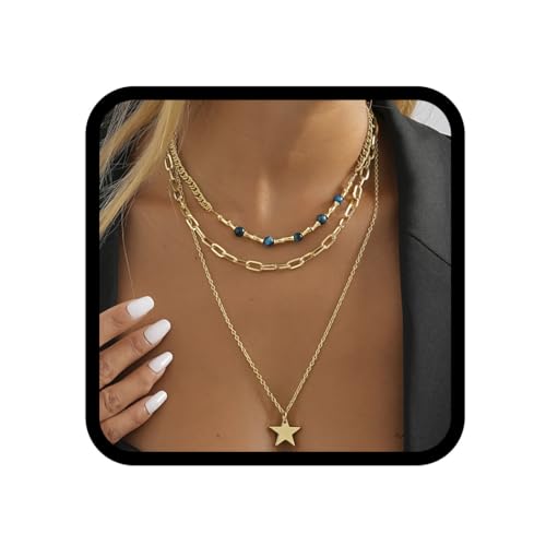 Handcess Boho-Halskette mit goldfarbenen Perlen, Choker-Halskette, Stern-Anhänger, Chian-Schmuck für Damen und Mädchen, Free Size, Stern von Handcess