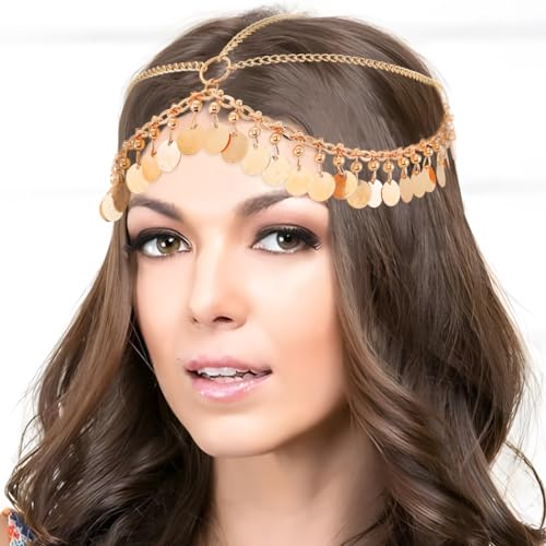 Handcess Boho Kopfkette Gold Quaste Kopfbedeckung Festival Pailletten Haarschmuck Brautschmuck Hochzeit Haarkette Schmuck für Frauen und Mädchen von Handcess