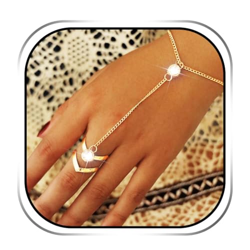 Handcess Boho Kristall Armbänder Gold Handgeschirr Armreif Fingerringe Hand Zubehör für Frauen und Mädchen von Handcess