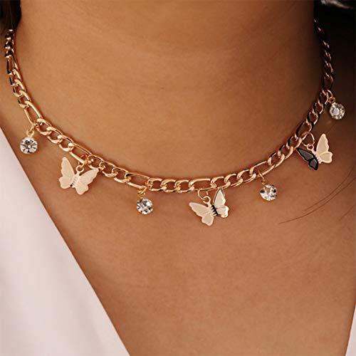 Handcess Schmetterlings Choker Halskette Gold Strass Halskette Damen Kristall Schmetterlings Anhänger Halsketten Kette für Frauen und Mädchen von Handcess