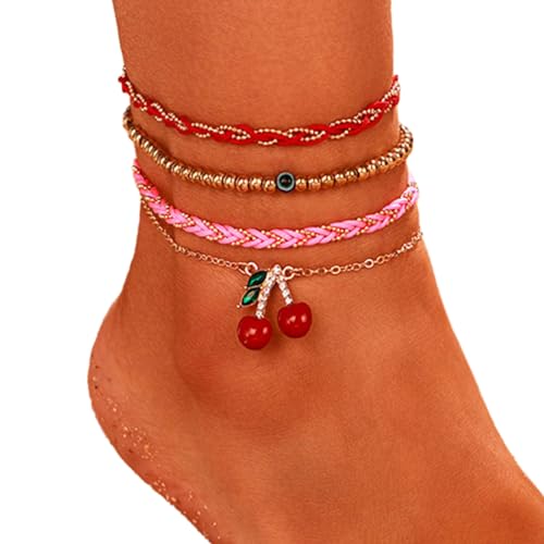 Handcess Boho Layered Cherry Fußkettchen Gold Böse Augen Knöchel Armbänder geflochtene Perlen Fußketten für Frauen und Mädchen von Handcess