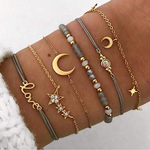 Handcess Boho Layered Crystal Star Armband Sets Gold Mond Hand Accessoires Weben Armbänder Perlen Handkette für Frauen und Mädchen (6 Stück) von Handcess