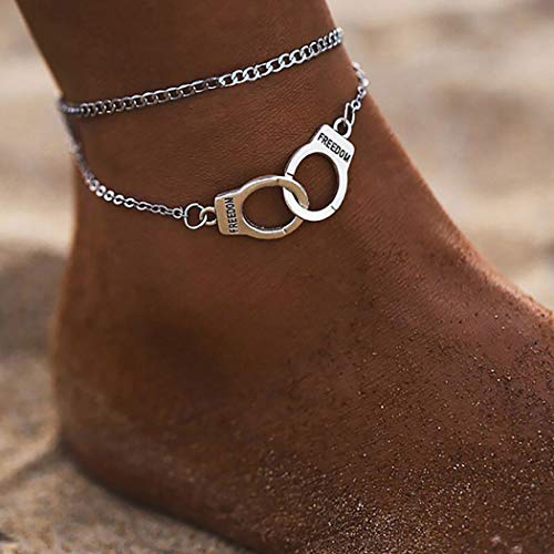 Handcess Boho Fußkettchen Silber Handschellen Fußkettchen Geschichtetes Fussketten Fußschmuck für Frauen und Mädchen von Handcess