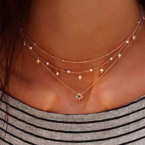 Handcess Boho Layered Halsketten Gold Sonne Anhänger Halskette Stern Quaste Choker Schmuck mit Kristall für Frauen und Mädchen von Handcess