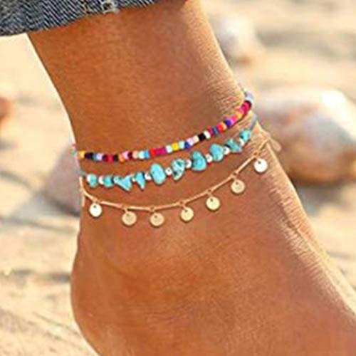 Handcess Boho Layered Türkis Fußkettchen Gold Pailletten Quaste Knöchel Armbänder Strand Perlen Fußketten für Frauen und Mädchen von Handcess