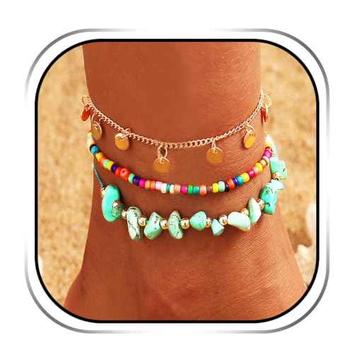 Handcess Boho Layered Türkis Fußkettchen Gold Pailletten Quaste Knöchel Armbänder Strand Perlen Fußketten für Frauen und Mädchen von Handcess