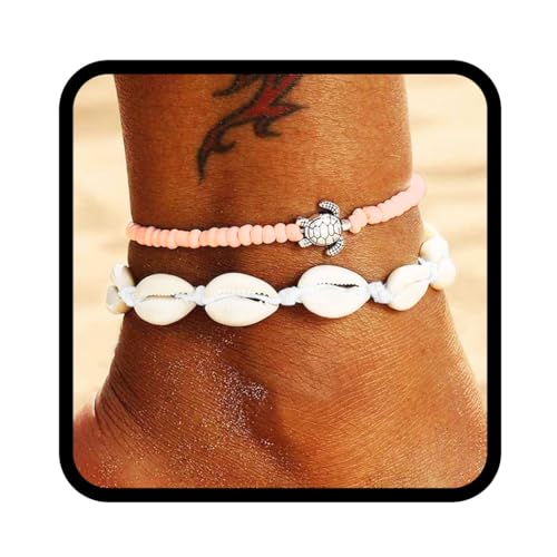Handcess Boho-Muschel-Doppel-Fußkettchen, Silber, Schildkröte, Knöchel-Armbänder, Perlen, geflochten, Fußschmuck für Frauen und Mädchen (rosa) von Handcess