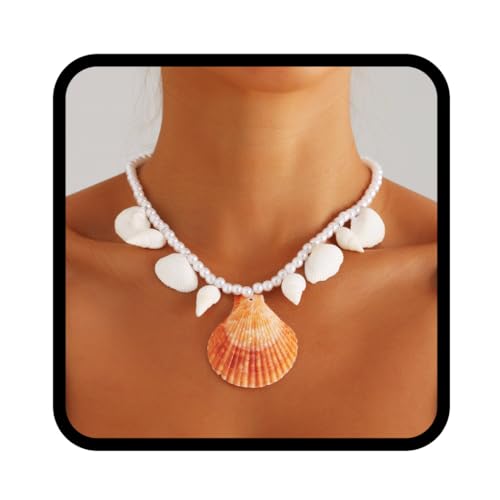 Handcess Boho Muschel Halskette Strand Perlen Halsketten Conch Anhänger Halskette für Frauen von Handcess