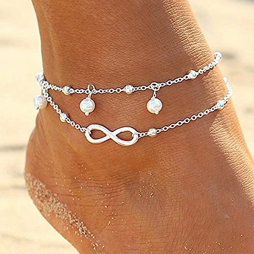 Handcess Boho Pearl Doppel Fußkettchen Silber Forever Knöchel Armbänder Strand Perlen Fußketten für Frauen und Mädchen von Handcess