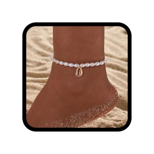 Handcess Boho-Perlen-Fußkettchen, goldfarbene Muschel-Armbänder, Damen-Fußkettchen, Perlen-Fußschmuck für Damen und Mädchen, Free Size, Kunststoff von Handcess