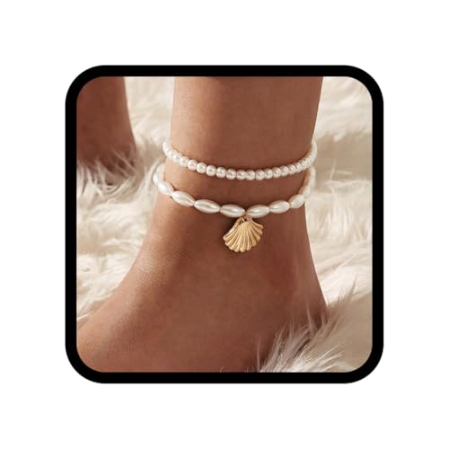 Handcess Boho-Perlen-Fußkettchen, Damen-Fußkettchen, Perlen-Fußkettchen, Muschel, Fußschmuck für Damen und Mädchen, Free Size, Kunststoff von Handcess