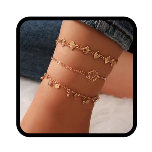 Handcess Boho Scallop Layered Fußkettchen Gold Blume Knöchel Armbänder Kristall Pailletten Fußketten für Frauen und Mädchen von Handcess