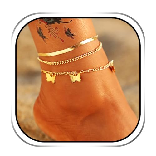 Handcess Boho Schmetterlings-Fußkettchen Layered Gold-Fußkettchen Strand Schlange-Knochen-Fuß-Anhänger für Frauen und Mädchen von Handcess