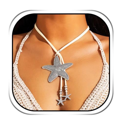 Handcess Boho Seestern Halskette Silber Vintage Stern Anhänger Halsketten Meerjungfrau Strand Halskette für Frauen, Einheitsgröße, Seestern, Kein Edelstein von Handcess