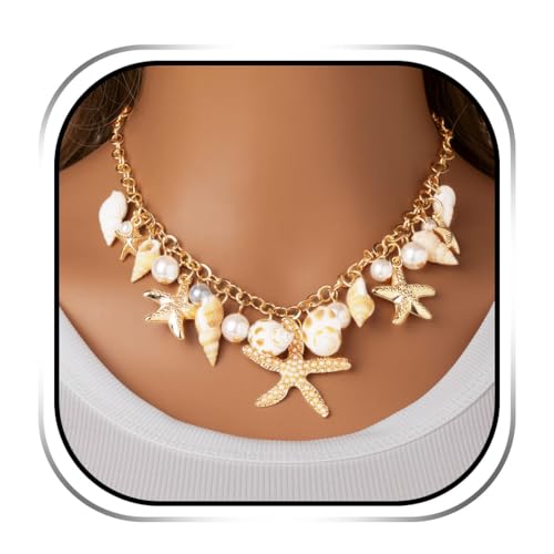 Handcess Boho Seestern Muschel Perlen Halskette Gold für Frauen von Handcess