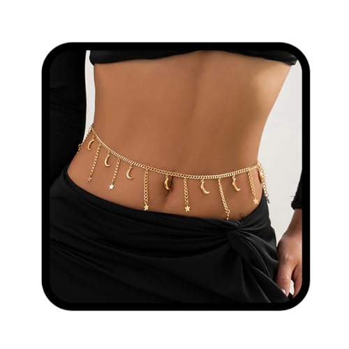 Handcess Boho Stern Mond Bauchkette Gold Bikini Bauchkette Taillenkette Strand Körperkette für Damen und Mädchen von Handcess