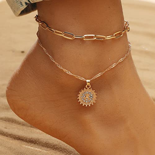 Handcess Boho Sun Fußkettchen Gold Doppel-Fußkettchen Kristall Strand Fußkette Schmuck für Frauen und Mädchen von Handcess