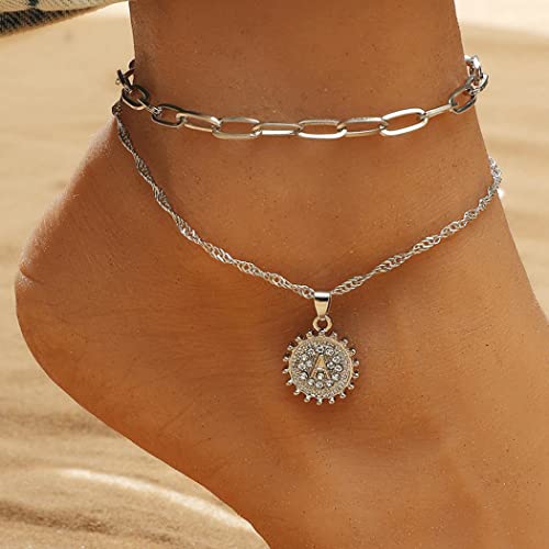 Handcess Boho Sun Fußkettchen Silber Doppel-Fußkettchen Kristall Strand Fußkette Schmuck für Frauen und Mädchen von Handcess