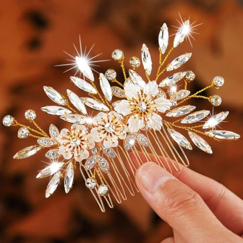 Handcess Braut Hochzeit Blumen Haarkamm Gold Kristall Haarteil Strass Braut Seitenkämme Hochzeit Haarschmuck für Frauen und Mädchen von Handcess