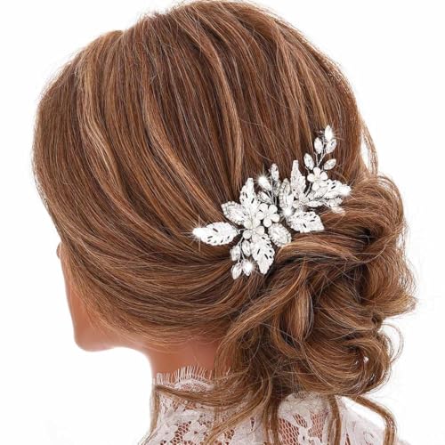 Handcess Braut Hochzeit Blumen Haarkamm Silber Strass Haarteil Kristall Blatt Braut Haarschmuck für Frauen und Mädchen von Handcess